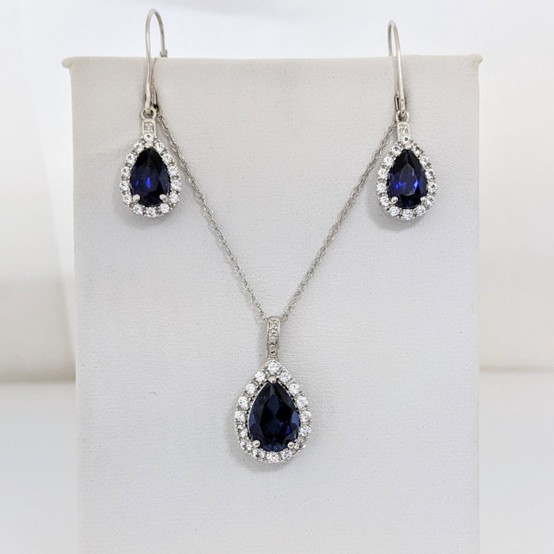 10K WHITE LAB- CREATED SAPPHIRE PEAR 7X10 (1) 5X8 (2) WITH .67 DIAMOND TOTAL WEIGHT ESTATE PENDANT, CHAIN, & EARRING SET 5.1 GRAMS